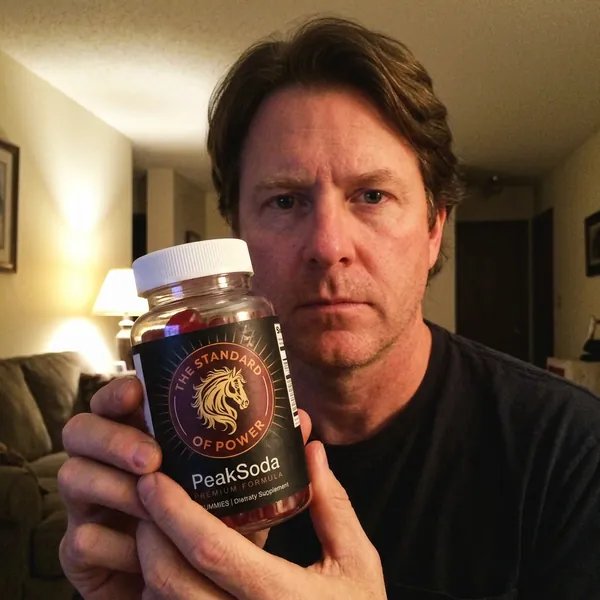 James R. holding his bottle of PeakSoda at home